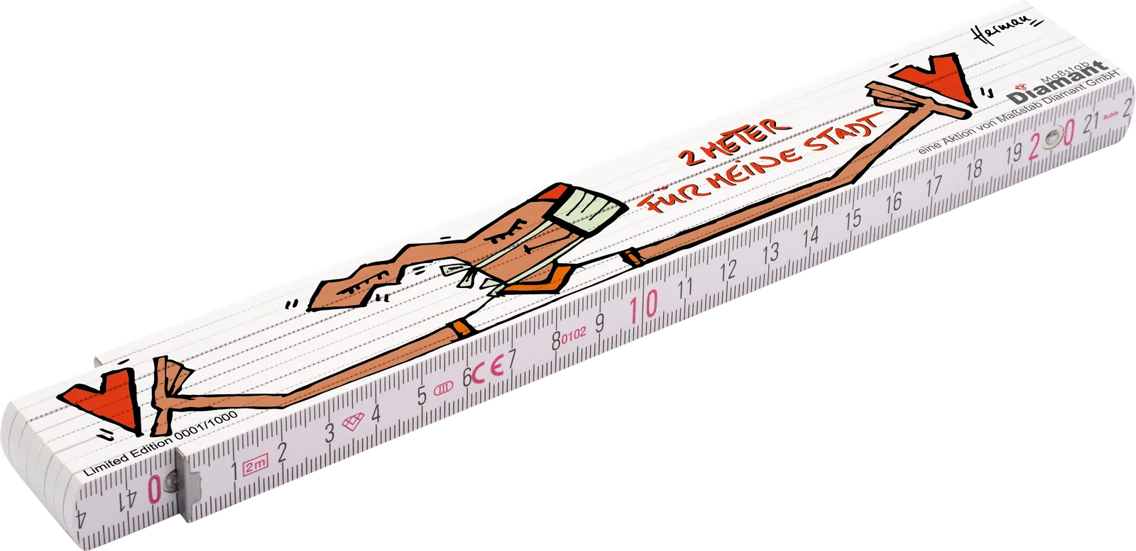 Illustrierter Zollstock der Limited Edition „2 Meter für meine Stadt“ mit Künstlermotiv