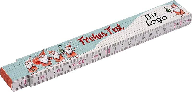 Weihnachtszollstock: Vorderseite mit Frohes-Fest-Gruß und Logo-Glied