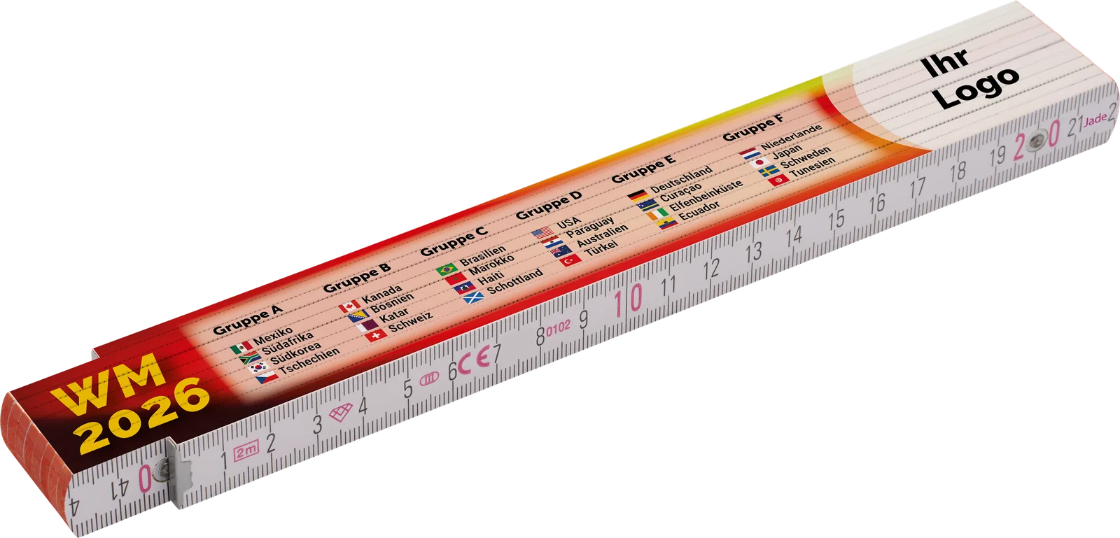 WM-2026-Zollstock mit allen Vorrundengruppen und Platz für ein Kundenlogo